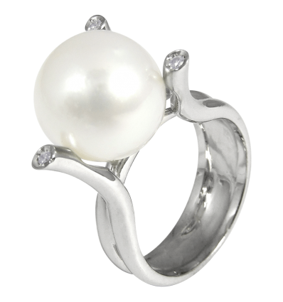 Anillo en oro blanco con diamantes blancos talla brillante y perla Australiana, brazo doble en media caña